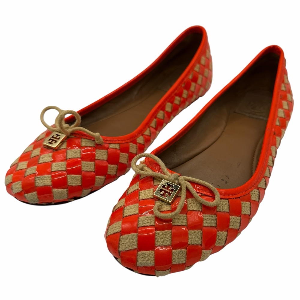 Tory Burch Prescott Basket Weave Orange and Tan Checkered Flats - Size 7.5